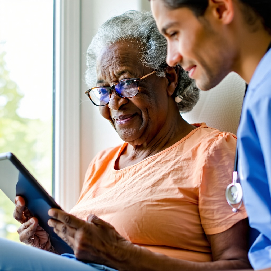 a patient in their home looking at a tablet and having it explained by a nurse the photo should feel like the patient is being supported during their care journey-1
