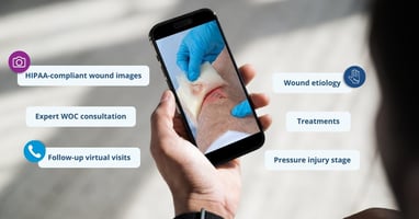 A wound care consultant reviews a photo of a wound on a patient's arm
