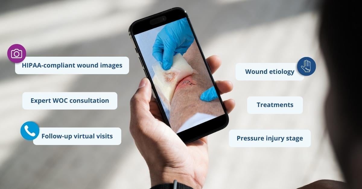 A wound care consultant reviews a photo of a wound on a patient's arm
