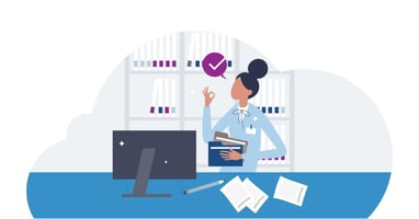 An illustration shows a woman reviewing documents as part of a healthcare utilization management program