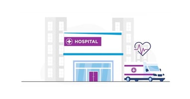 An illustration shows a hospital and ambulance transporting a patient home
