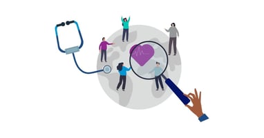 An illustration representing population health management shows a globe with several different people, a magnifying glass, and a stethoscope 