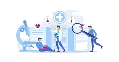 An illustration shows a doctor with file folders, a person with a laptop, and another person with a magnifying glass surrounded by a heart beat icon and syringe icon to represent predictive analytics in healthcare