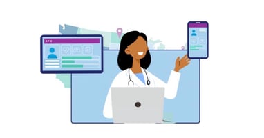 An illustration of a doctor with a laptop, smartphone, and tablet representing telehealth and virtual care