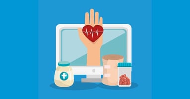 An illustration shows a hand with a heart emerging from a computer screen with ointment, wraps, and antibiotics to represent telehealth and wound care