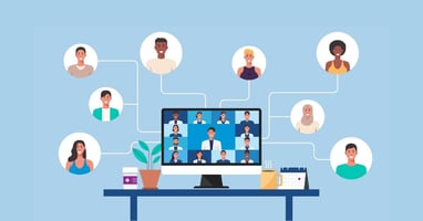 An illustration shows doctors and their geographically dispersed patients from rural areas connecting through telemedicine
