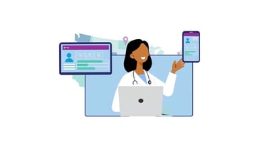 An illustration shows a doctor using telemonitoring devices, a tablet and mobile phone, to view patient vitals