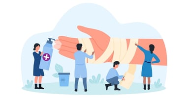An illustration shows a group of clinicians caring for a wound by wrapping the patient's arm