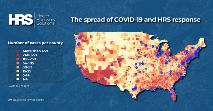 The spread of COVID-19 and HRS response, this map shows a subset of HRS client in areas where COVID-19 is prevalent