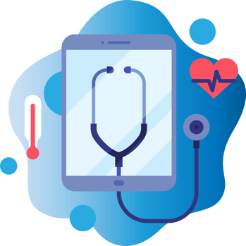 Telehealth tablet, stethoscope, and thermometer animation