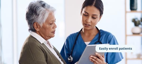 A nurse is shown reviewing information with a patient. On screen text says 