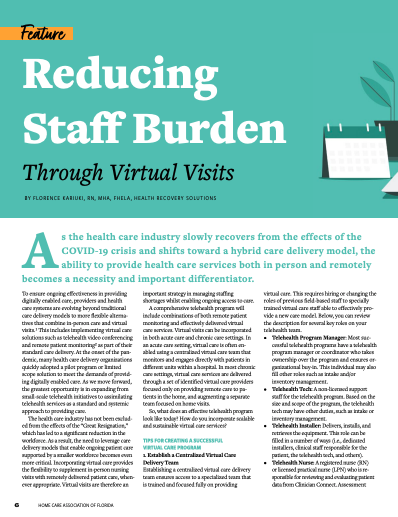A preview of the first page of this featured article on Reducing Staff Burden in the Florida at Home Magazine
