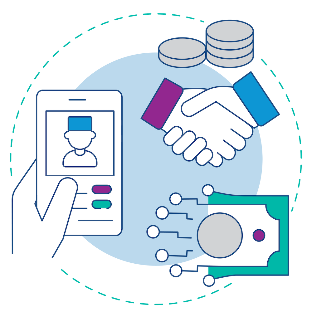 An illustration featuring coins, a handshake and a smartphone promoting telehealth reimbursement